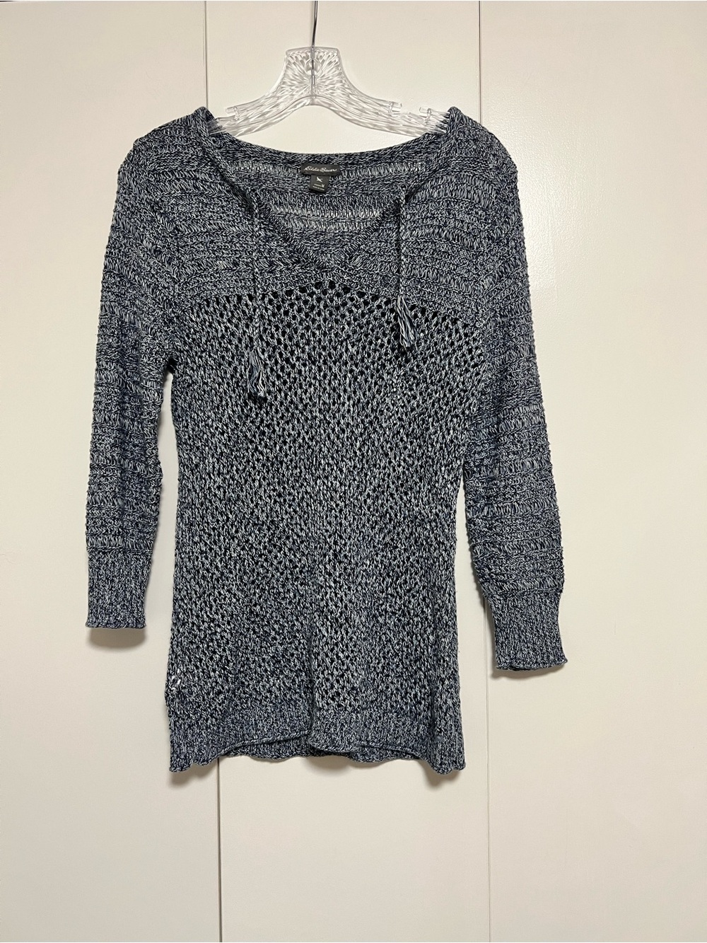 Eddie Bauer Women’s M Linen Cotton Open Knit Sweater Slate Blue 3/4 Sleeves